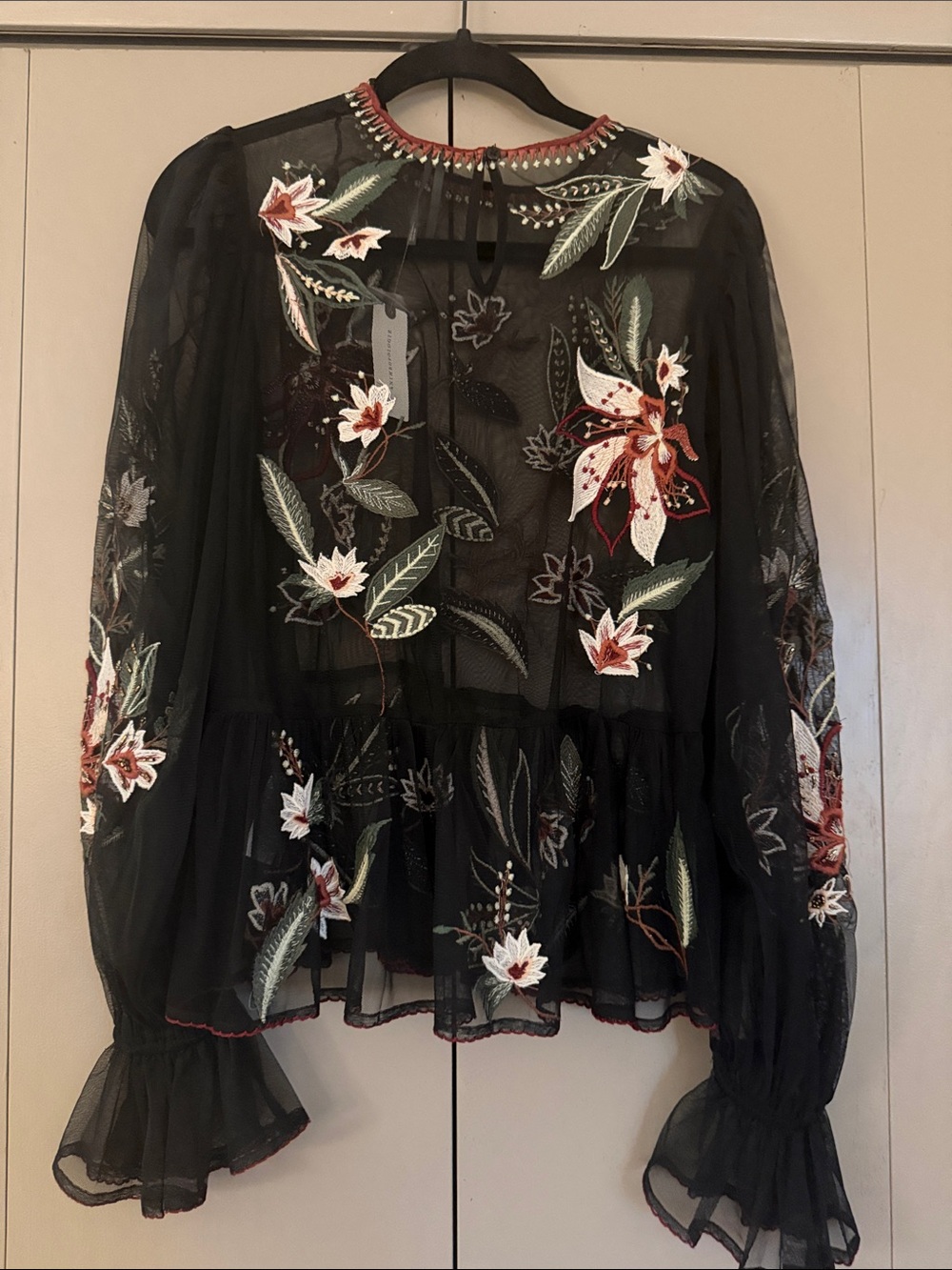 Anthropologie Black Sheer Floral-Embroidered Long Sleeve Blouse - Picture 4 of 6
